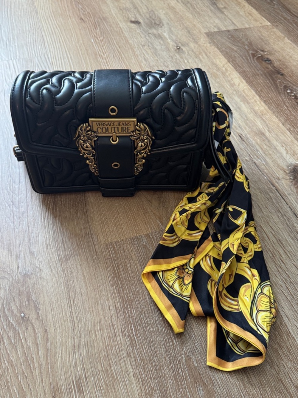 Versace Jeans Collection Black Quilted Crossbody Bag with Gold Accent